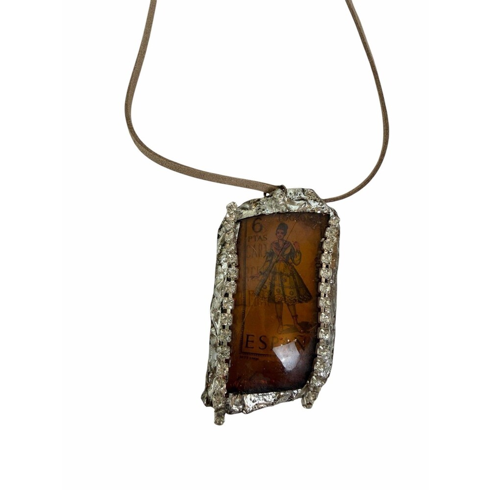 SilverPlated Vintage Stamp Necklace Spain 6 PTAS Traditional Costume Pendant